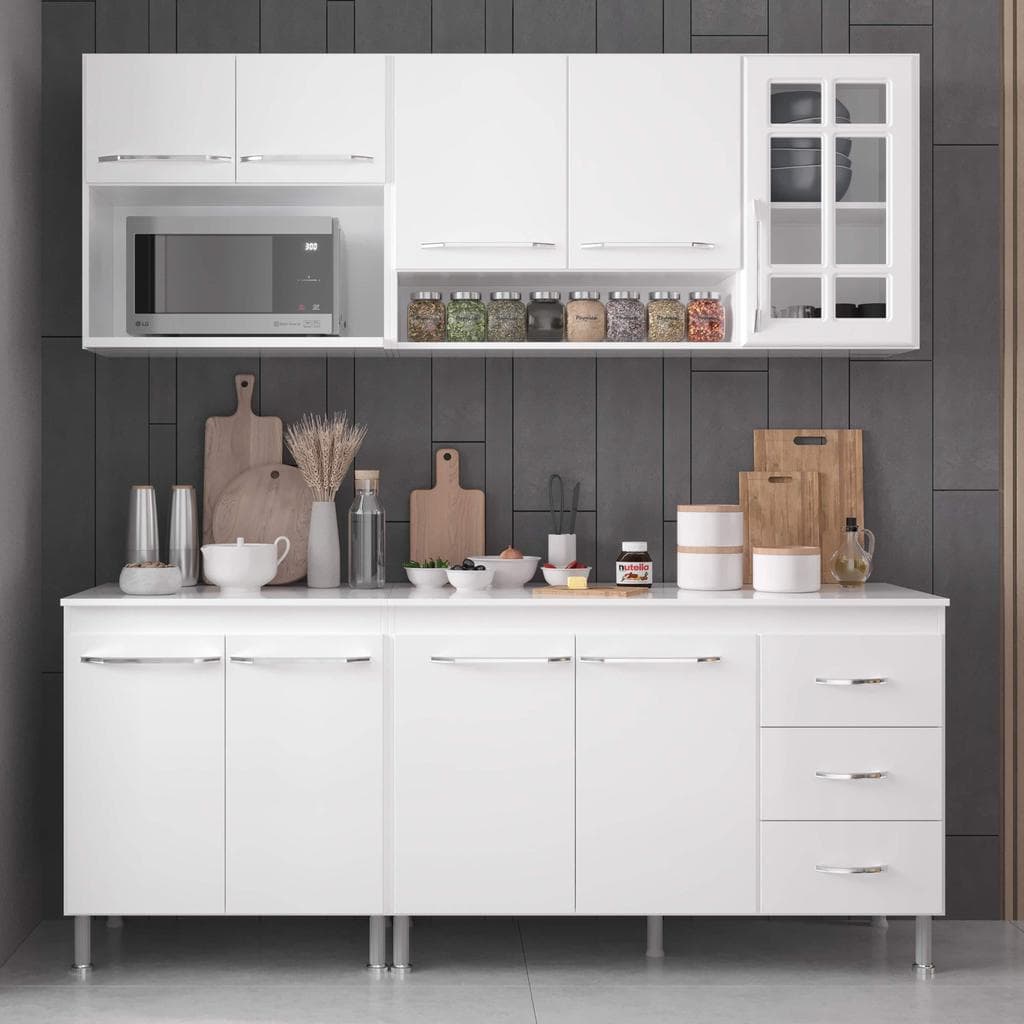 Cozinha Modulada Compacta Fidelitá Viena 4 Peças 190cm 9 Portas 3 Gavetas Com Tampo Branco