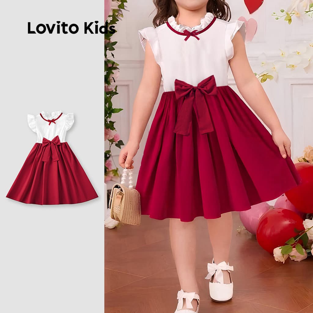 Lovito Vestido Infantil Fofo Com Babados E Laço Vermelho Para Meninas Primavera/verão L162LD277