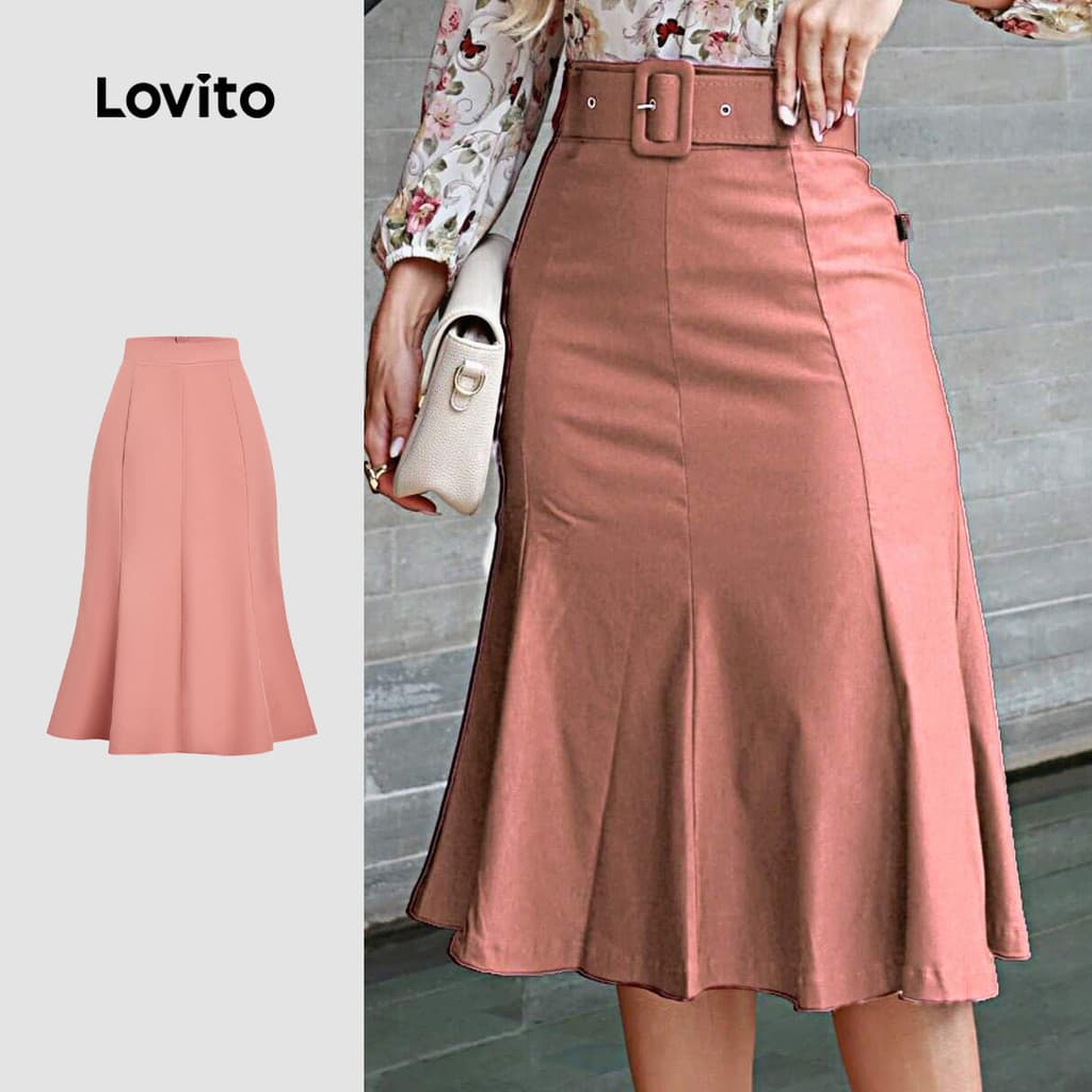 Lovito Elegante Saias Tecido Costura Zíper Primavera/verão Saias Rosa para Mulheres (sem Cinto) LBL32187
