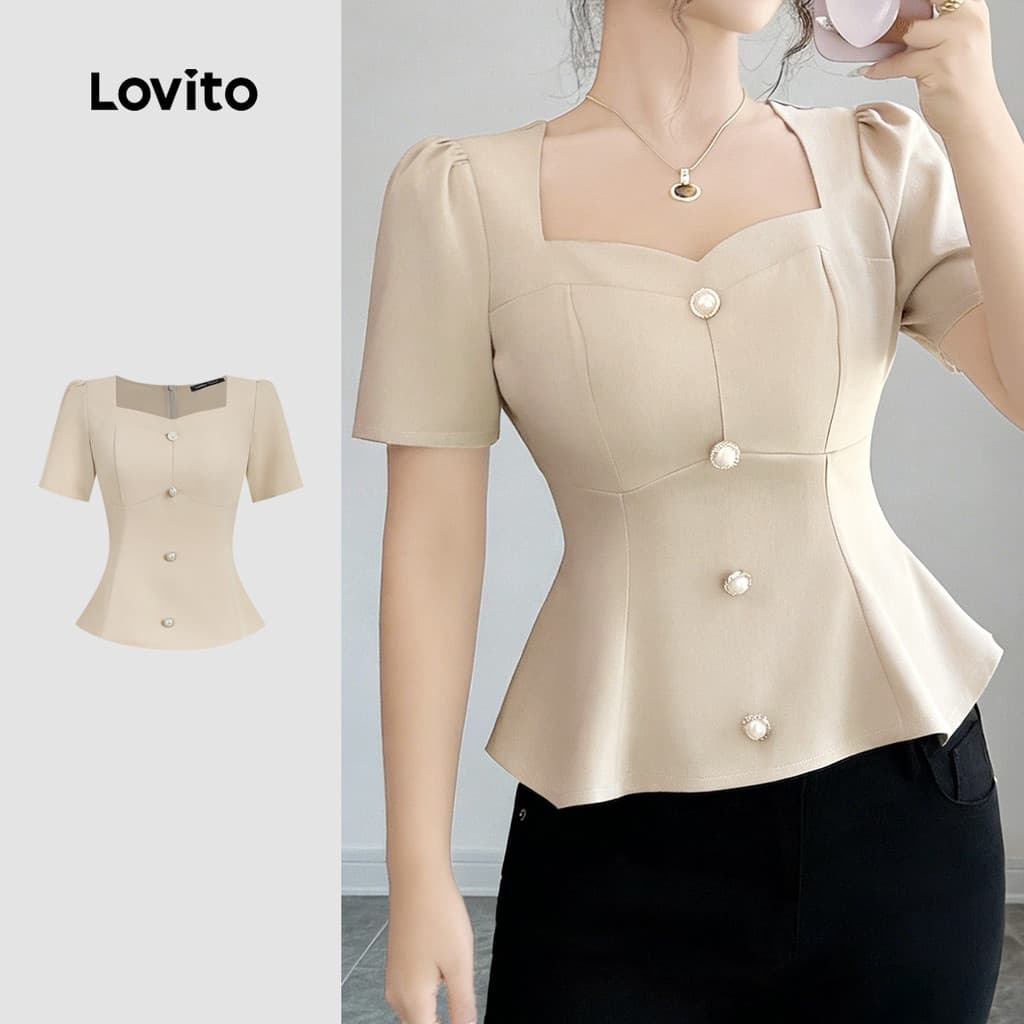 Lovito Elegante Blusa Babado Bainha Primavera/verão Blusa Cáqui para mulheres L177ED113