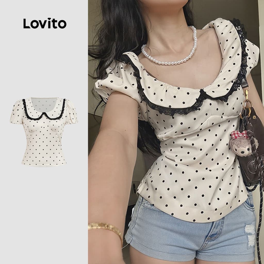 Lovito Casual Camiseta Fofa Renda Diário Escritório Férias E Viagens Primavera/verão Preta e Branca Feminino L173AD115