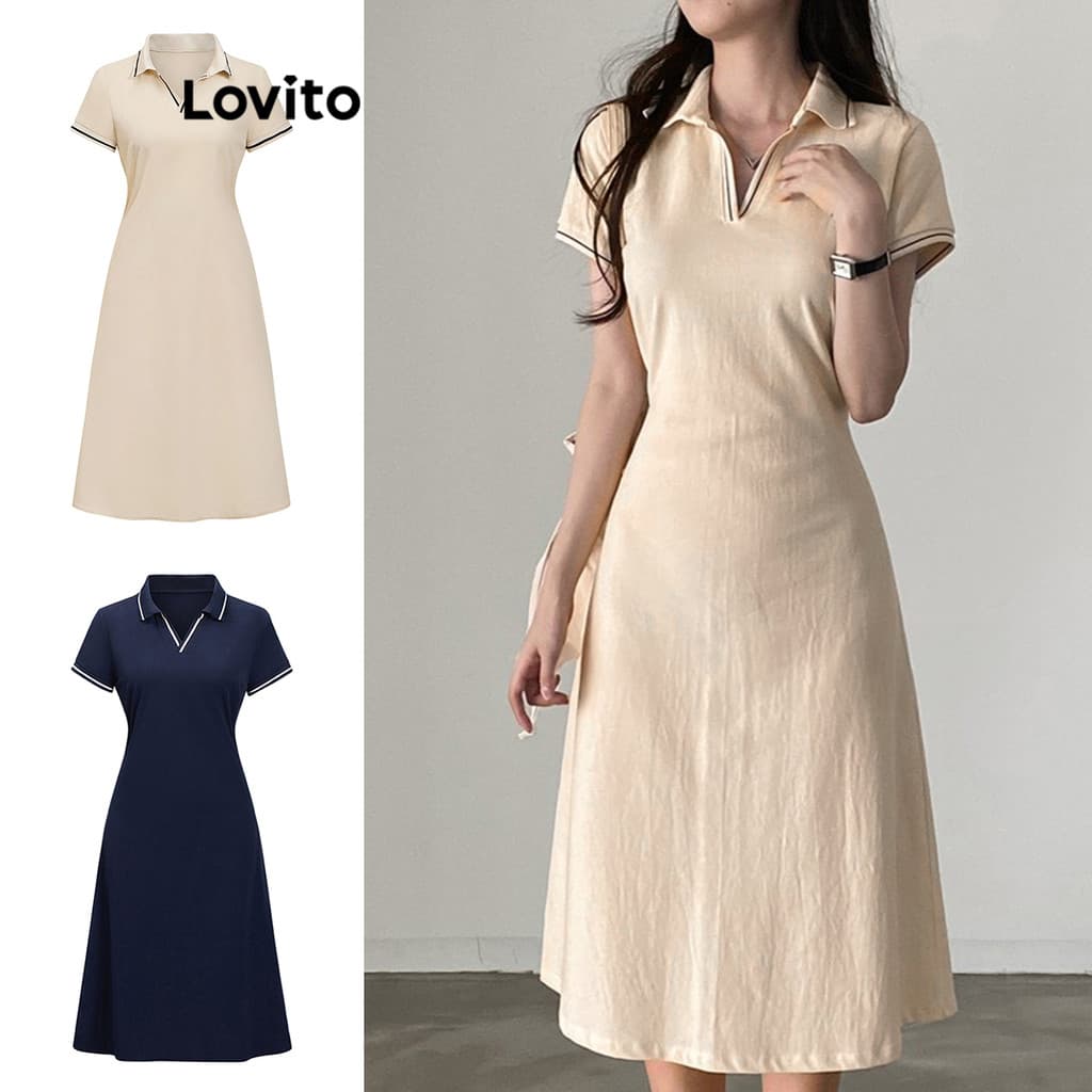 Lovito Midi Casual Vestido Liso Contrastante Com Cadarço Para Mulheres Bordado L80ED294