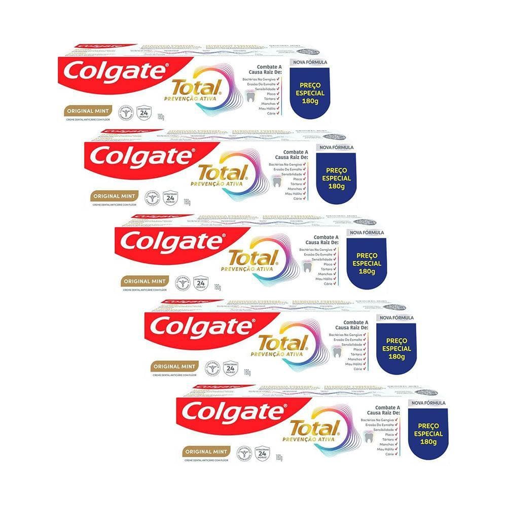 Kit 5 Cremes Dentais Colgate Total Mint Prevenção Ativa 180g
