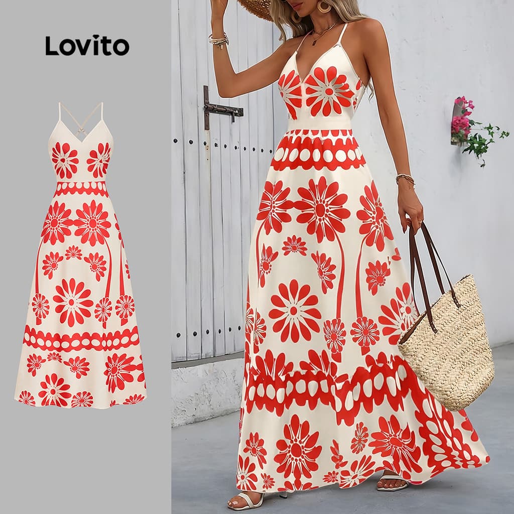 Vestido Feminino Lovito Nacional Longo Boho Étnico Estampado Carnaval Novo Visual Zíper Laranja Primavera/verão LBL32068
