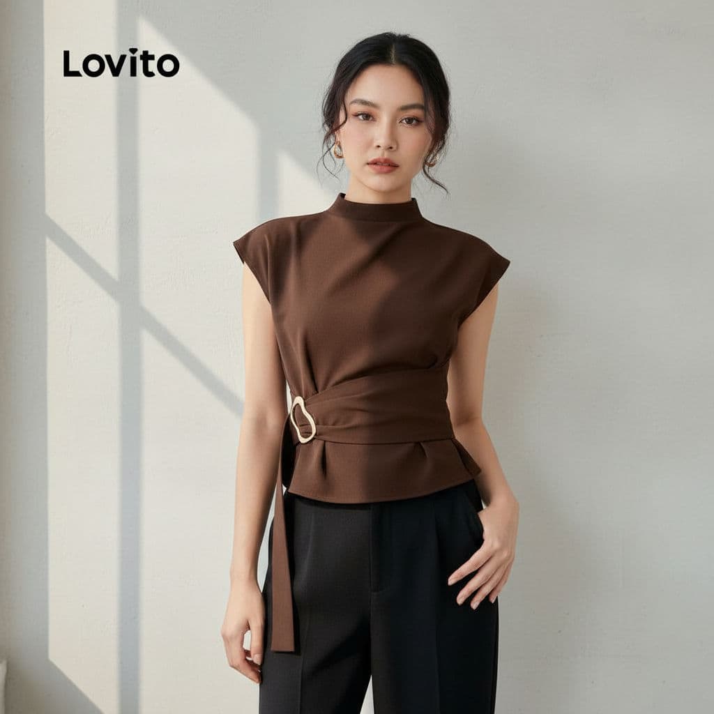 Lovito Elegante Blusa Feminina Marrom com Fivela Metálica e Design Assimétrico L171AD019