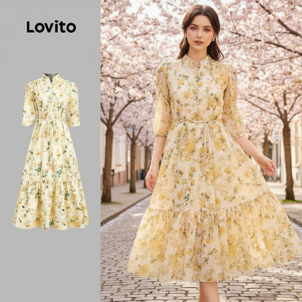 Lovito Férias Vestido Feminino com Botões Primavera/Verão Amarelo - L154LD308